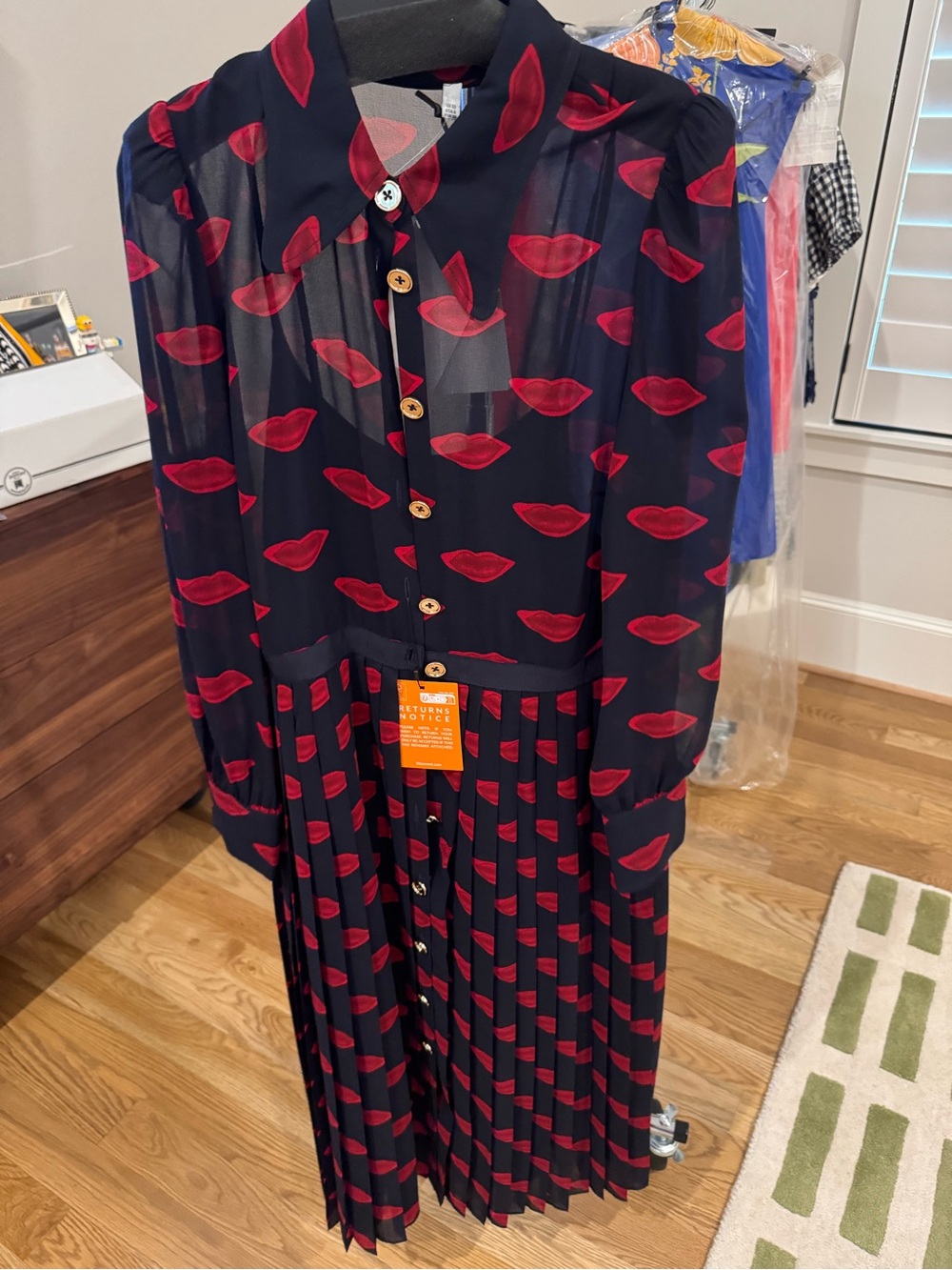 LK Bennett Navy Midi Dress with Red Lip Print